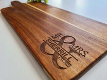 Load image into Gallery viewer, Personalized Acacia Wood Cutting Board - &quot;Mr. &amp; Mrs.&quot; Laser Engraved with Wedding or Anniversary Date
