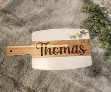 Load image into Gallery viewer, Personalized Marble &amp; Acacia Wood Cutting Board – Custom Last Name Engraving
