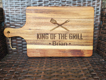 Load image into Gallery viewer, Personalized “King of the Grill” Acacia Wood Cutting Board with Custom Name
