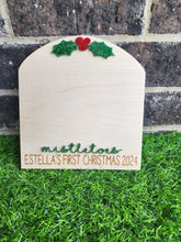 Load image into Gallery viewer, Personalized “First Christmas” Wood Sign with Footprint Mistletoes
