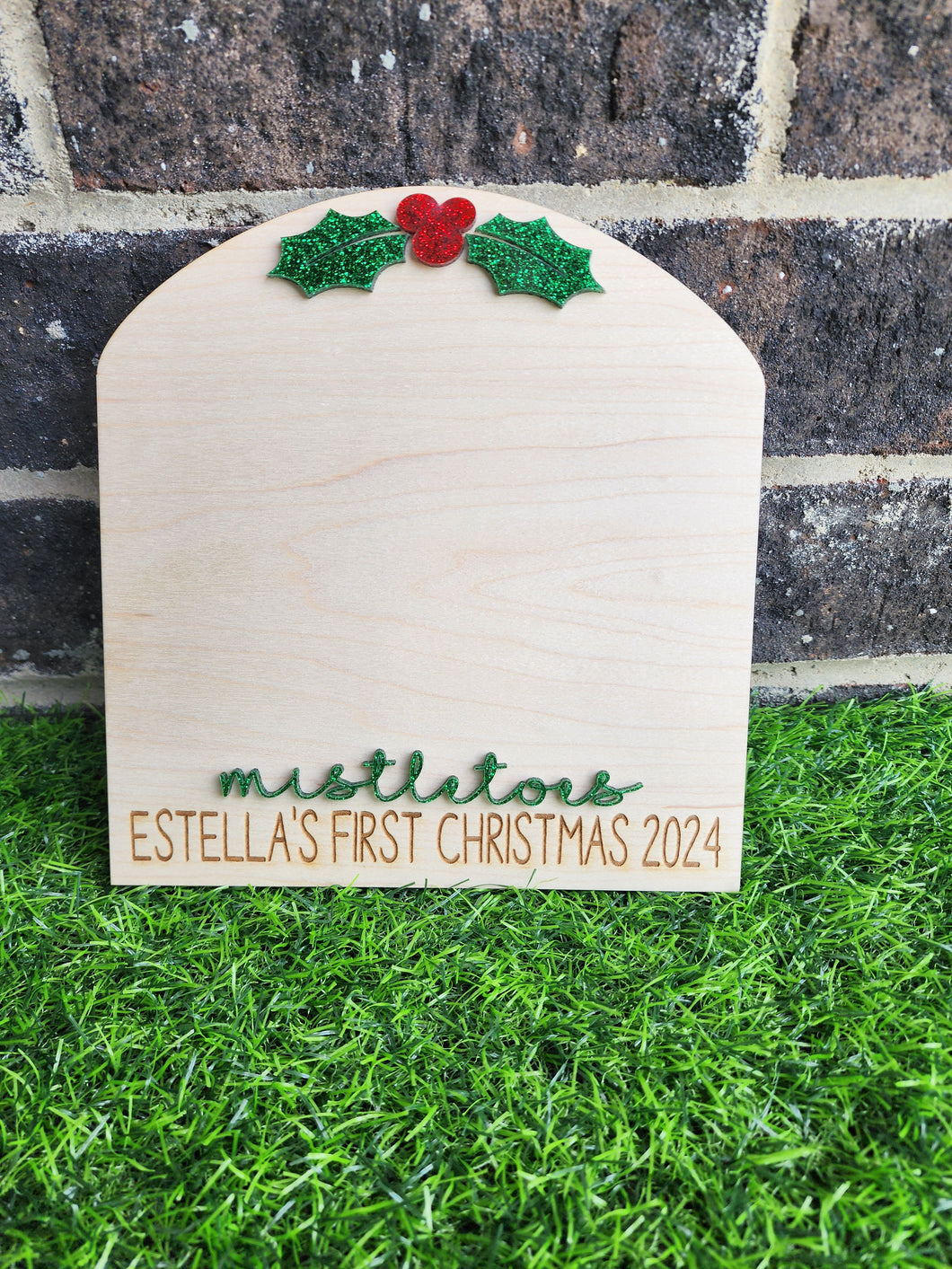 Personalized “First Christmas” Wood Sign with Footprint Mistletoes