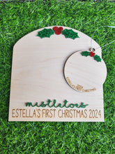 Load image into Gallery viewer, Personalized “First Christmas” Wood Sign with Footprint Mistletoes
